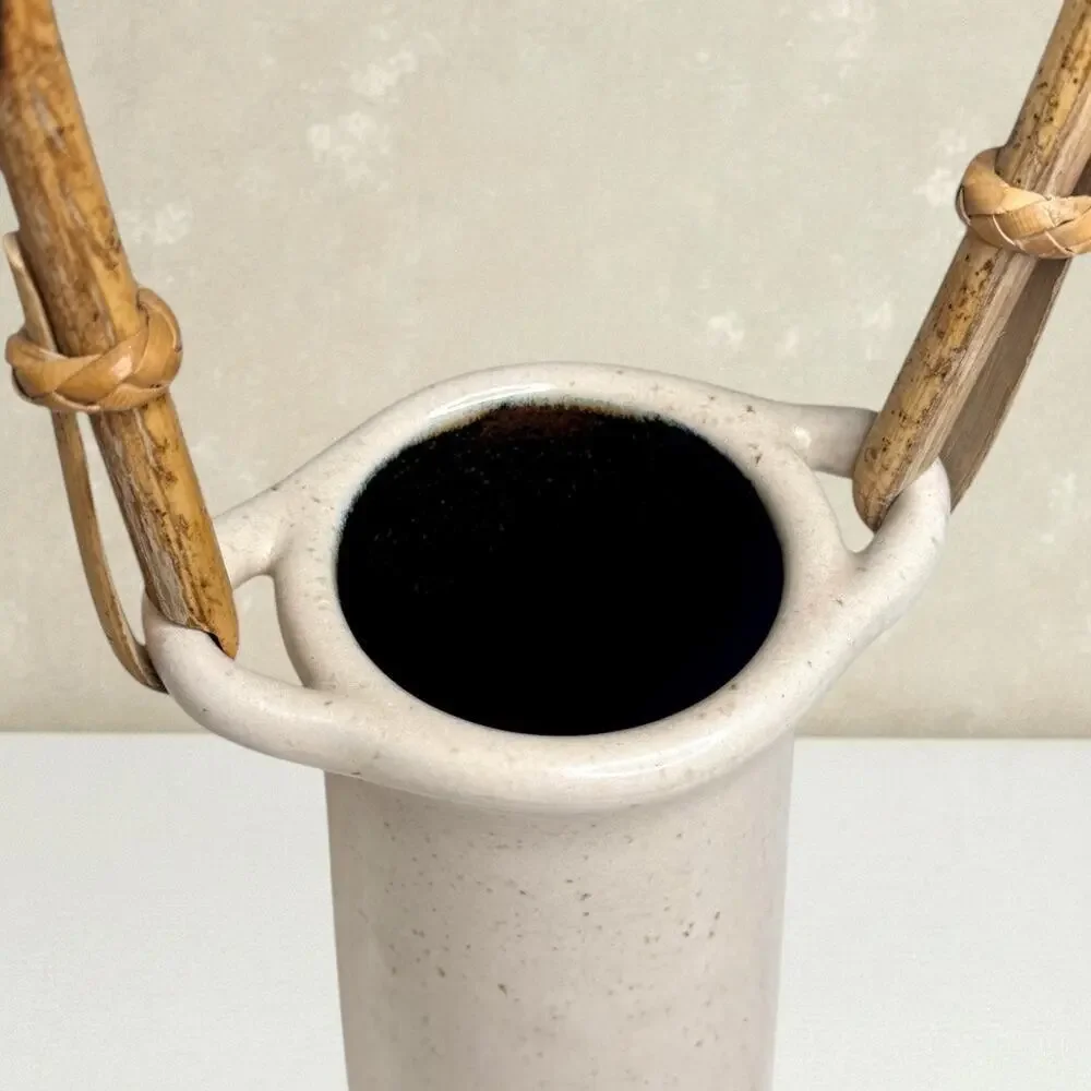 Vase Studio Art Pottery Speckled Stoneware Rattan Handle Organic Basket Decor